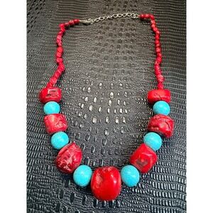 Chunky Red Coral and Turquoise Statement Necklace Southwestern Boho Western 94g